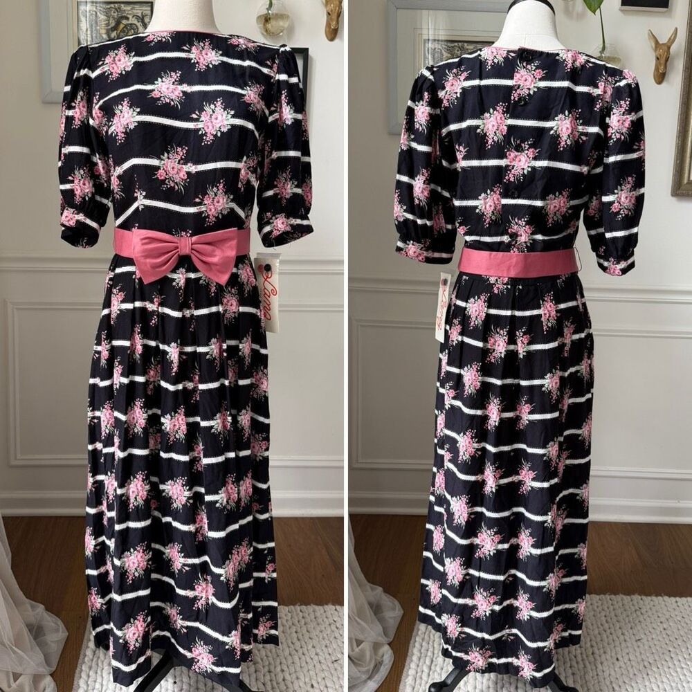 NWT NOS Vintage Lanz of Salzburg Pouf Sleeve Dress Black Mauve 10